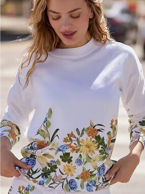 Beach Riot Long-Sleeve Blossom Top Ivory Floral Border Ribbed Knit Sz M NWT